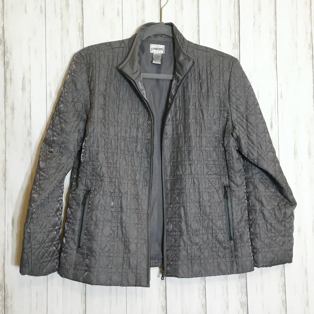 Chicos Silver / Gray Quilted Zip Front Jacket